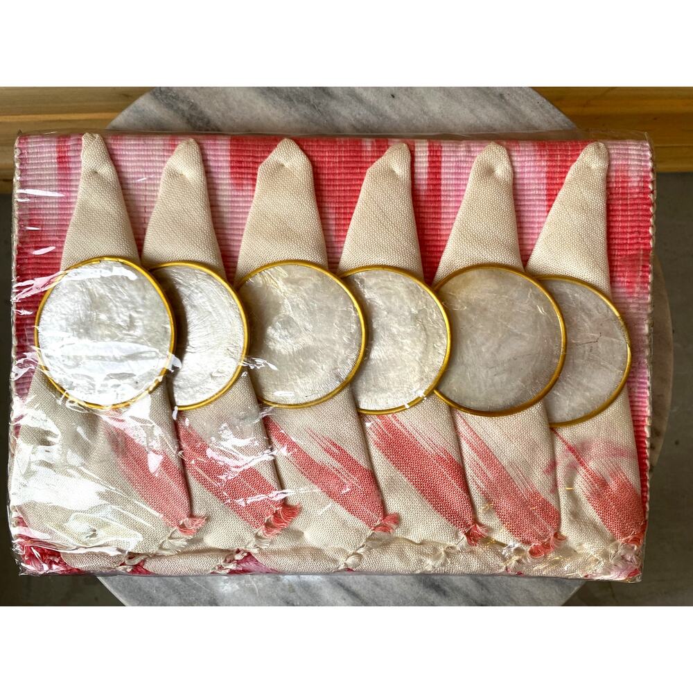 NOS 1960s Pink Placemats Set with Cloth Napkins and Capiz Shell Coasters